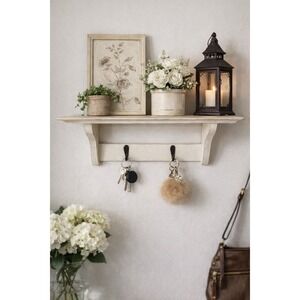 Hobby Lobby Farmhouse Antique Wall Shelf Wood & Metal Hooks Beige ATCM93720